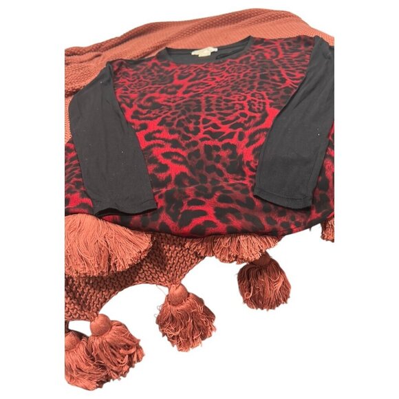 Michael Kors Red & Black Leopard Print Sheer Blouse Size Small Long Sleeve Top - Picture 9 of 10